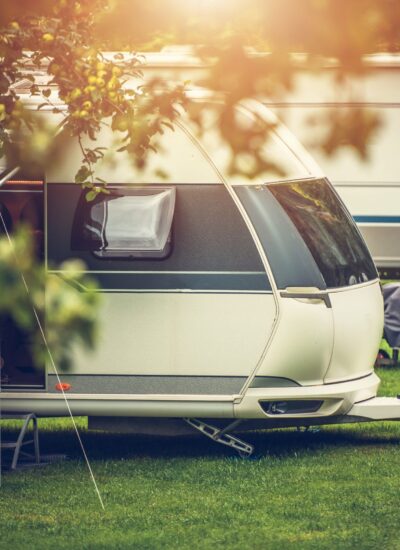 Recreational Vehicle Camping. Holiday in a Travel Trailer. RV Theme.